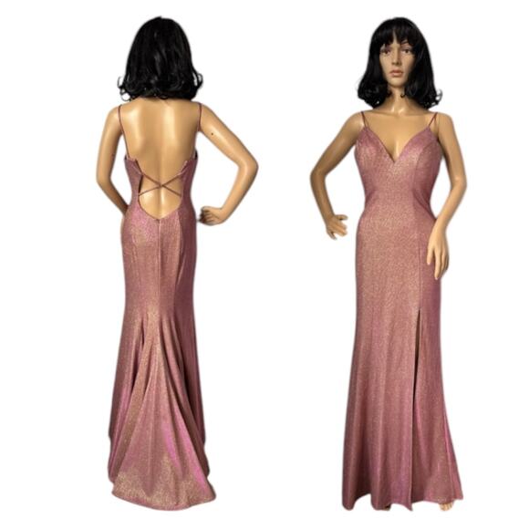 Faviana Sparkly Metallic Long Jersey Dress With Leg Slit pink 2 - Picture 3 of 16